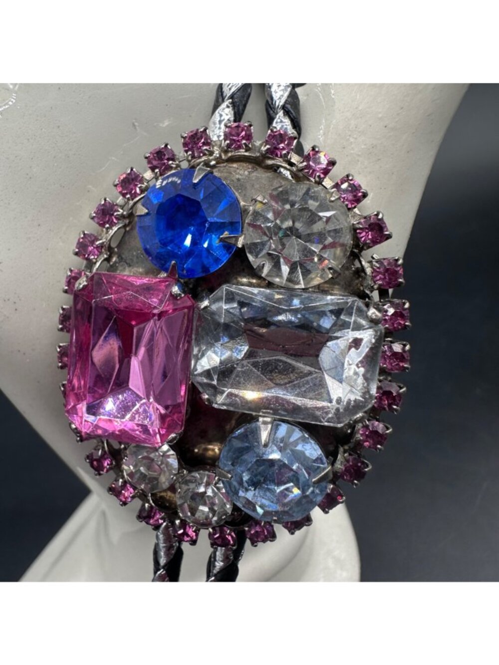 Vintage Bolo Tie Pink Blue Clear Plastic Gems Braided Cord Adjustable Western - Picture 4 of 8